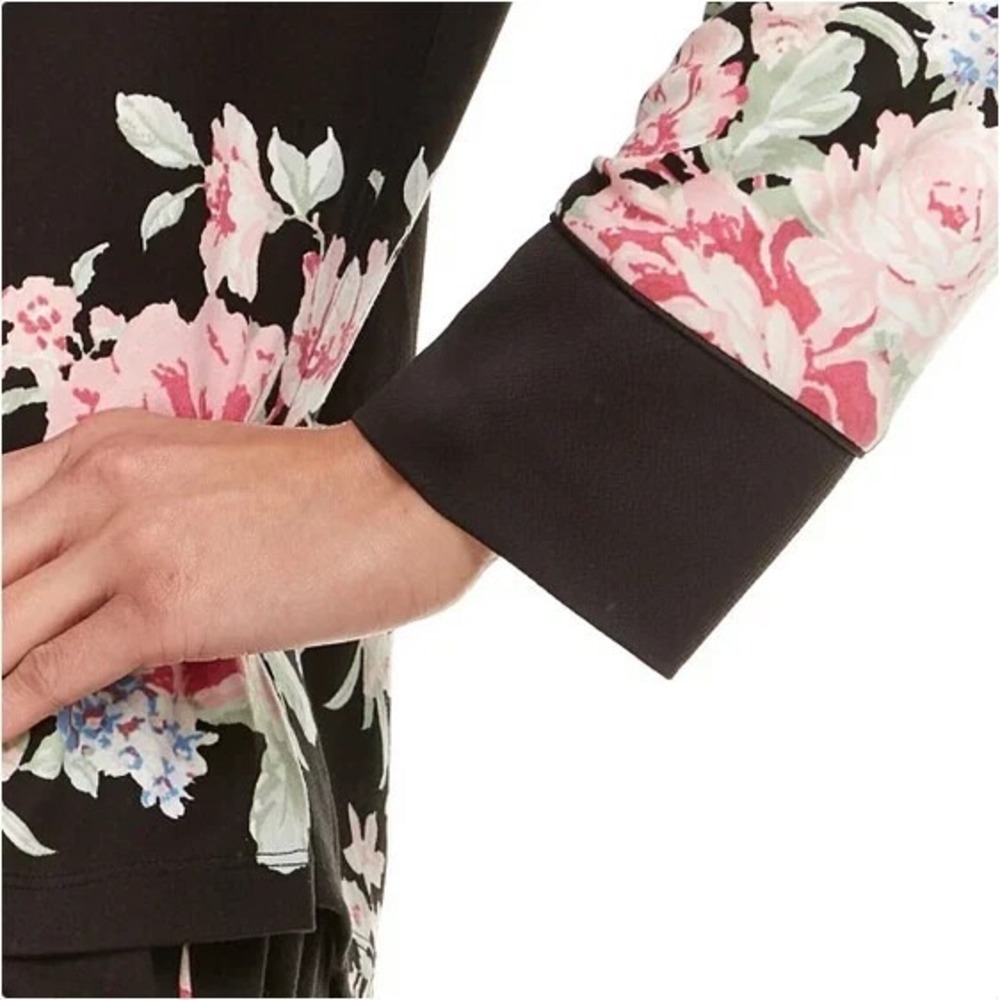 Flora Nikrooz Pajama Set Women Size XL Satin Trim Notch Collar Black Floral NWT - Picture 7 of 7